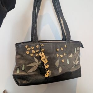 Radley Floral Appliqué Leather Hand Bag - Black Grey with Yellow Accents